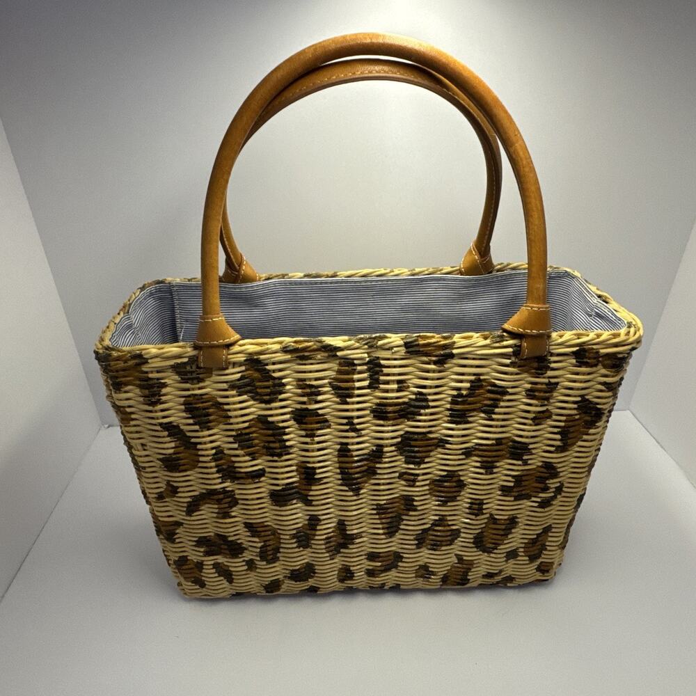 J.McLaughlin Wicker Straw Tote Bag Leopard Animal Print Leather Handles Resort
